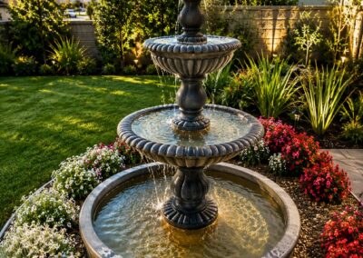 Custom landscape design with decorative outdoor fountain, drought-tolerant landscaping, and manicured lawn in Simi Valley backyard