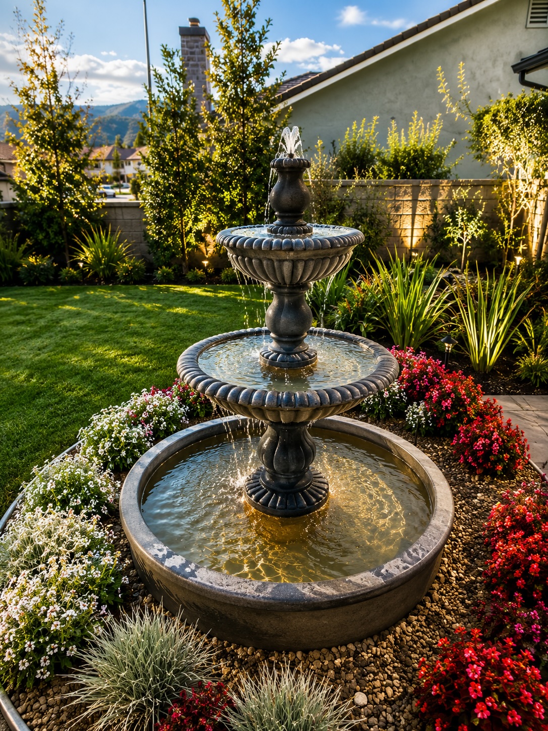 Landscape Design Water Feature in Simi Valley Custom landscape design with decorative outdoor fountain, drought-tolerant landscaping, and manicured lawn in Simi Valley backyard