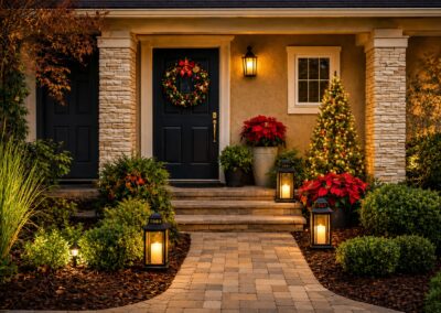 Residential landscaping service with outdoor lighting, paver walkway, and illuminated entry landscape design