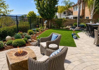 Modern firescape landscape design with fire feature, paver patio, drought-tolerant landscaping, and outdoor living space in Simi Valley