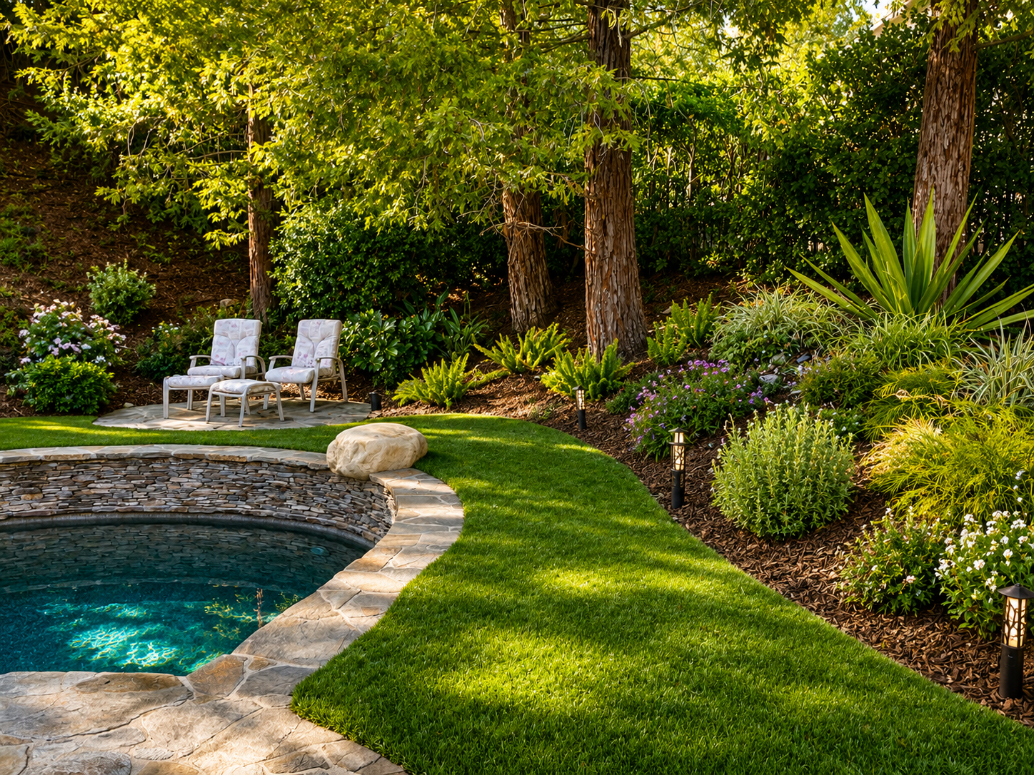 Modern hardscape design featuring decorative concrete walkways, landscape lighting, and outdoor living space in Simi Valley